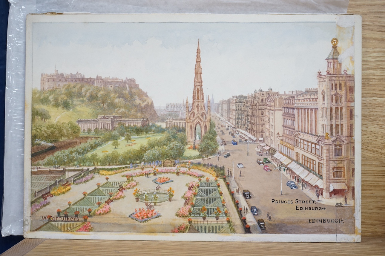 William Affleck, (Aka Carruthers, 1868-1943), a set of six original watercolours for post card designs, Edinburgh scenes to include; ‘Holyrood Place’, ‘Edinburgh Castle’, ‘Scottish National War Memorial’ and ‘Princes Str